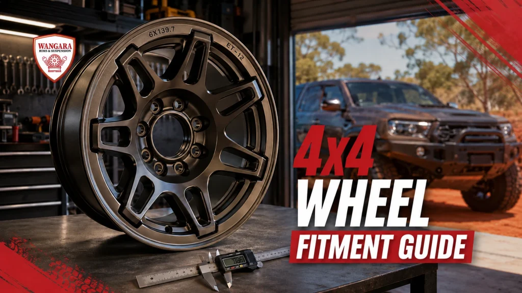 4x4 Wheel Fitment Guide by Wangara Rims & Suspension. Alloy 6‑lug wheel with matte bronze finish on a workshop bench, digital calliper and ruler beside it, lifted 4WD ute visible through open roller door, warm Australian afternoon light and red dust on the floor.
