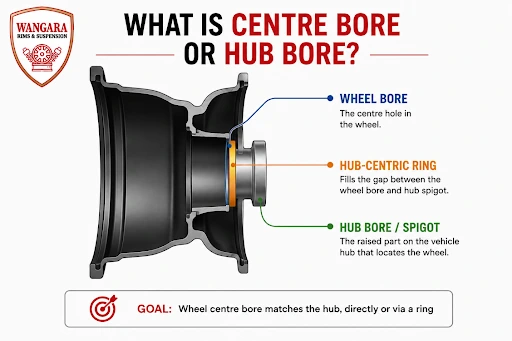 4x4 wheel centre bore and hub bore diagram showing the wheel bore, hub spigot and hub-centric ring for correct fitment
