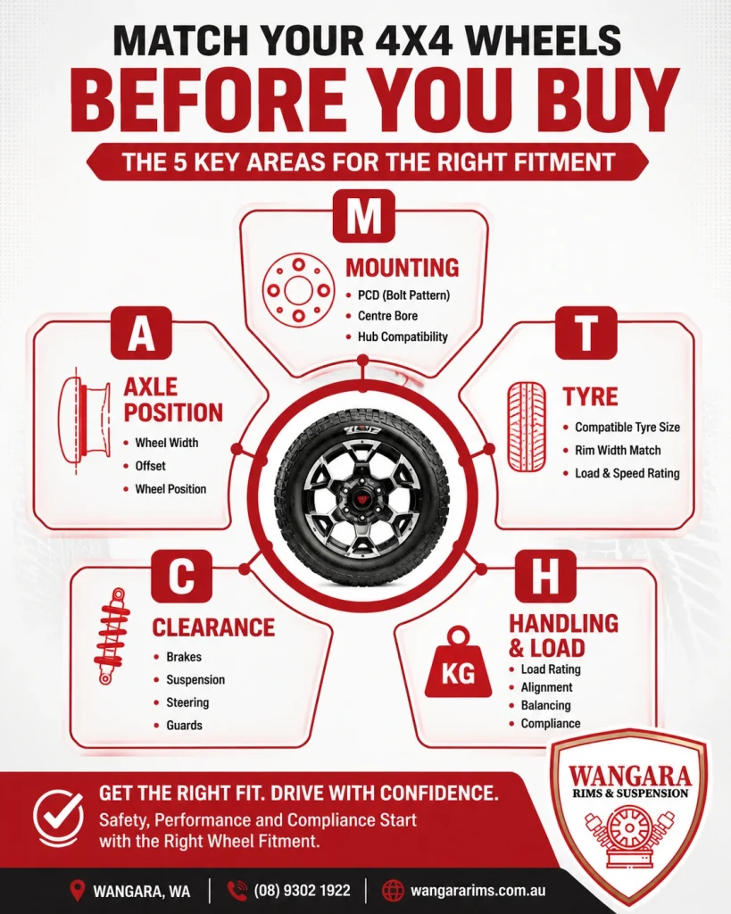 4x4 wheel fitment guide showing mounting, wheel width and offset, tyre compatibility, clearance, load rating and alignment checks
