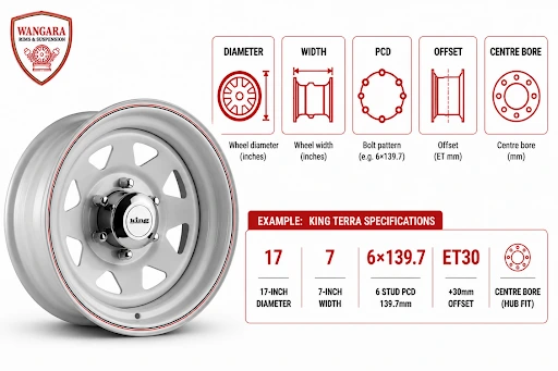 KING Terra 4x4 wheel showing diameter, width, PCD, offset and centre bore specifications for wheel fitment.
