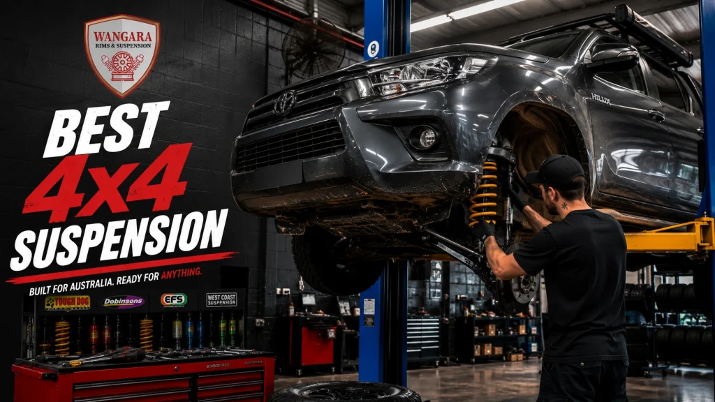 Best 4×4 suspension Australia showing a Toyota Hilux receiving a professional suspension upgrade at Wangara Rims & Suspension in Perth.