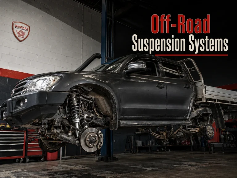 Off-road suspension systems displayed on a 4WD ute at Wangara Rims & Suspension