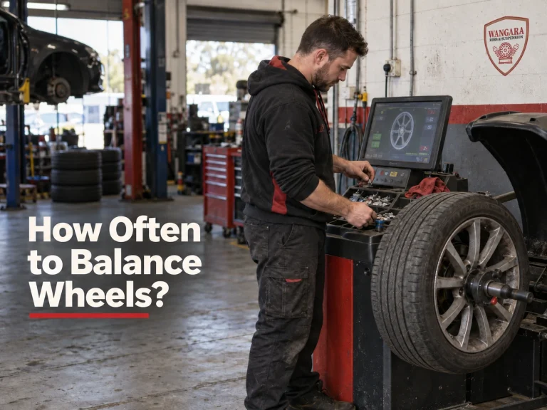 Mechanic balancing a car wheel on professional equipment at Wangara Rims & Suspension in Perth.