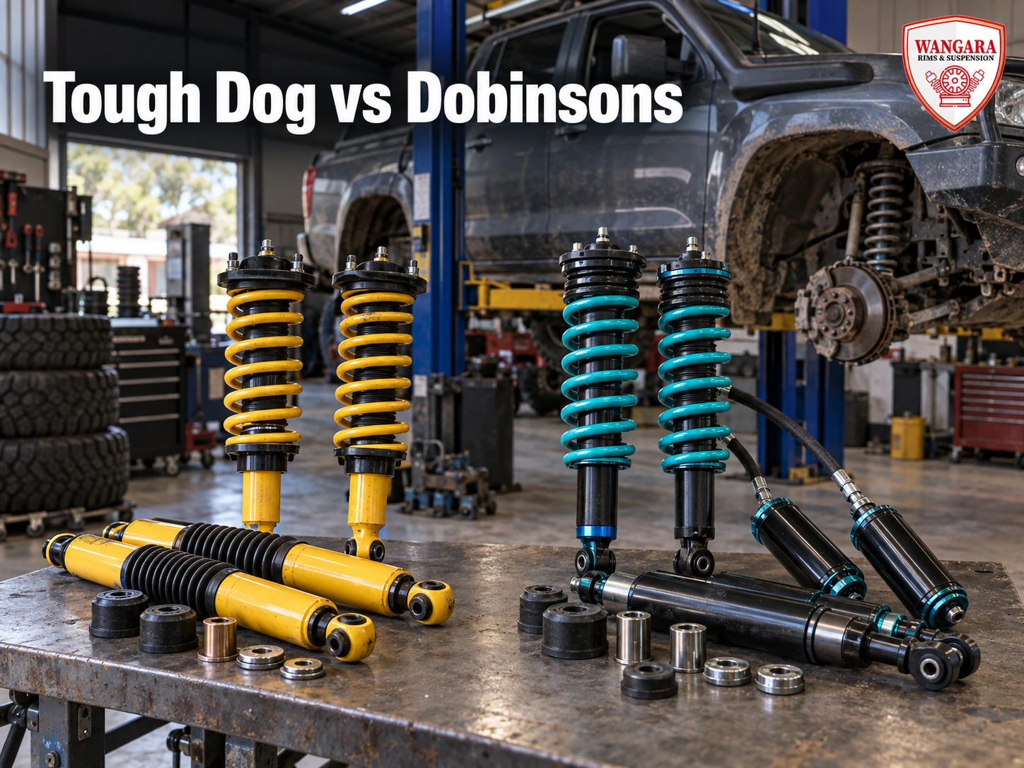 Tough Dog vs Dobinsons 4x4 suspension systems compared in an Australian workshop